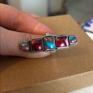 Stirling Silver Rainbow Spiny Oyster & Turquoise Adjustable Ring